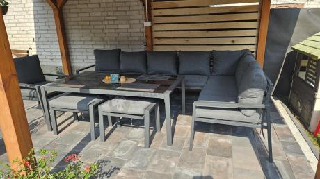 Grafitowy narożnik ogrodowy 184x294cm modułowy ze stołem obiadowym i fotelem Sodor Corner XXL - Dark Grey