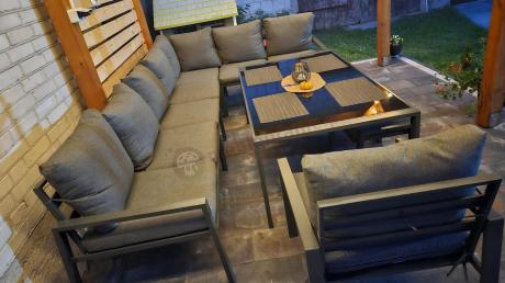 Grafitowy narożnik ogrodowy 184x294cm modułowy ze stołem obiadowym i fotelem Sodor Corner XXL - Dark Grey