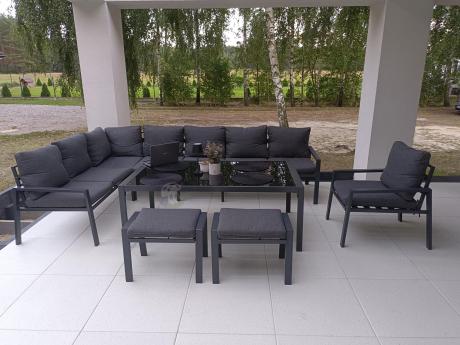 Grafitowy narożnik ogrodowy 184x294cm modułowy ze stołem obiadowym i fotelem Sodor Corner XXL - Dark Grey