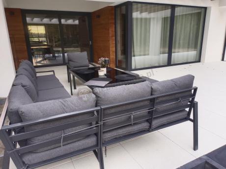 Grafitowy narożnik ogrodowy 184x294cm modułowy ze stołem obiadowym i fotelem Sodor Corner XXL - Dark Grey