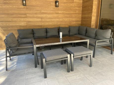 Grafitowy narożnik ogrodowy 184x294cm modułowy ze stołem obiadowym i fotelem Sodor Corner XXL - Dark Grey