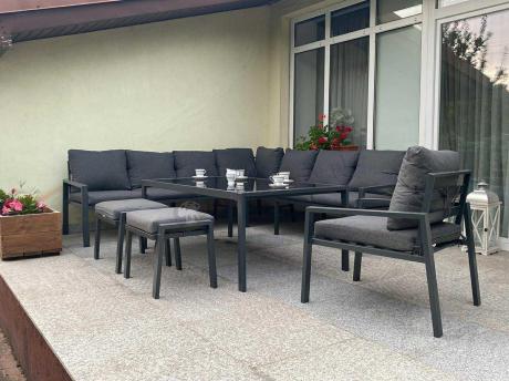 Grafitowy narożnik ogrodowy 184x294cm modułowy ze stołem obiadowym i fotelem Sodor Corner XXL - Dark Grey