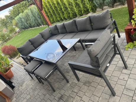 Grafitowy narożnik ogrodowy 184x294cm modułowy ze stołem obiadowym i fotelem Sodor Corner XXL - Dark Grey