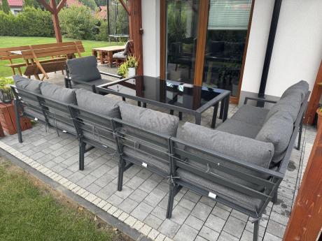 Grafitowy narożnik ogrodowy 184x294cm modułowy ze stołem obiadowym i fotelem Sodor Corner XXL - Dark Grey