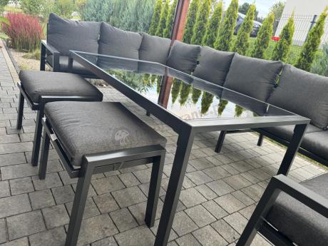 Grafitowy narożnik ogrodowy 184x294cm modułowy ze stołem obiadowym i fotelem Sodor Corner XXL - Dark Grey