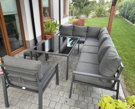 Grafitowy narożnik ogrodowy 184x294cm modułowy ze stołem obiadowym i fotelem Sodor Corner XXL - Dark Grey