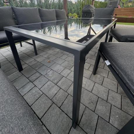 Grafitowy narożnik ogrodowy 184x294cm modułowy ze stołem obiadowym i fotelem Sodor Corner XXL - Dark Grey