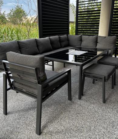 Grafitowy narożnik ogrodowy 184x294cm modułowy ze stołem obiadowym i fotelem Sodor Corner XXL - Dark Grey