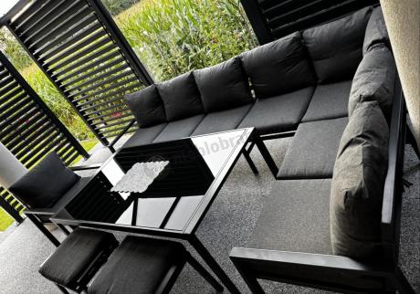 Grafitowy narożnik ogrodowy 184x294cm modułowy ze stołem obiadowym i fotelem Sodor Corner XXL - Dark Grey