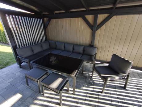 Grafitowy narożnik ogrodowy 184x294cm modułowy ze stołem obiadowym i fotelem Sodor Corner XXL - Dark Grey