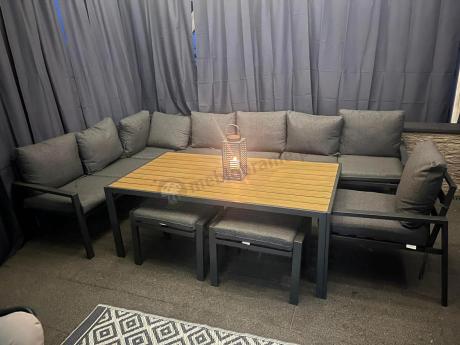 Grafitowy narożnik ogrodowy 184x294cm modułowy ze stołem obiadowym i fotelem Sodor Corner XXL - Dark Grey Polywood