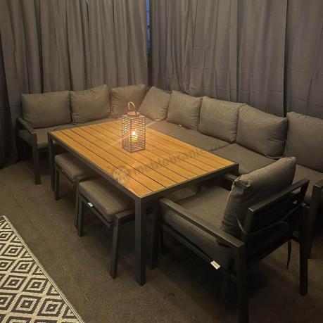 Grafitowy narożnik ogrodowy 184x294cm modułowy ze stołem obiadowym i fotelem Sodor Corner XXL - Dark Grey Polywood