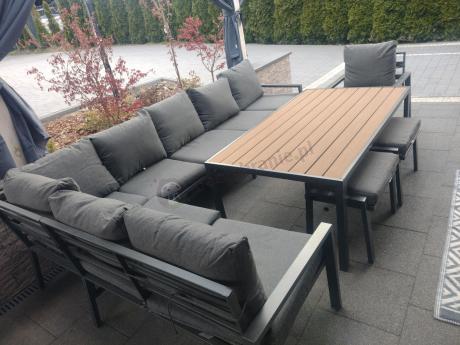 Grafitowy narożnik ogrodowy 184x294cm modułowy ze stołem obiadowym i fotelem Sodor Corner XXL - Dark Grey Polywood