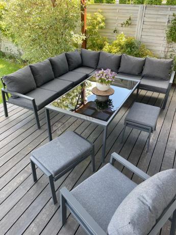 Grafitowy narożnik ogrodowy modułowy ze stołem obiadowym i fotelem Sodor Corner XXL - Dark Grey