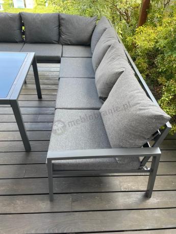 Grafitowy narożnik ogrodowy modułowy ze stołem obiadowym i fotelem Sodor Corner XXL - Dark Grey