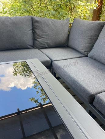 Grafitowy narożnik ogrodowy modułowy ze stołem obiadowym i fotelem Sodor Corner XXL - Dark Grey