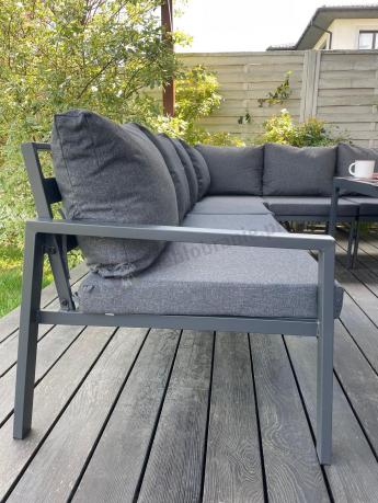Grafitowy narożnik ogrodowy modułowy ze stołem obiadowym i fotelem Sodor Corner XXL - Dark Grey