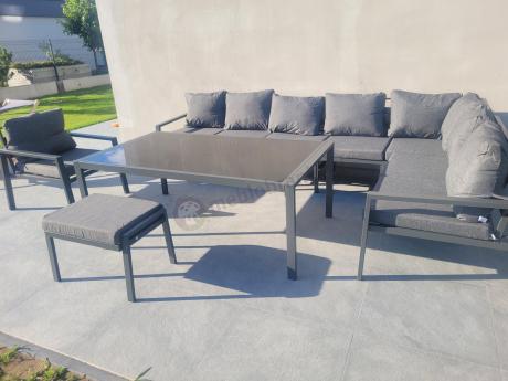 Grafitowy narożnik ogrodowy modułowy ze stołem obiadowym i fotelem Sodor Corner XXL - Dark Grey