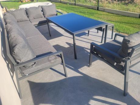 Grafitowy narożnik ogrodowy modułowy ze stołem obiadowym i fotelem Sodor Corner XXL - Dark Grey