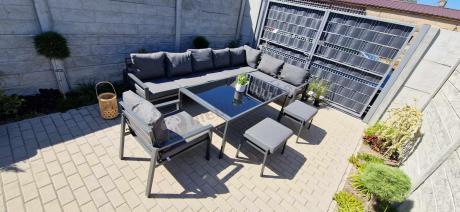 Grafitowy narożnik ogrodowy modułowy ze stołem obiadowym i fotelem Sodor Corner XXL - Dark Grey