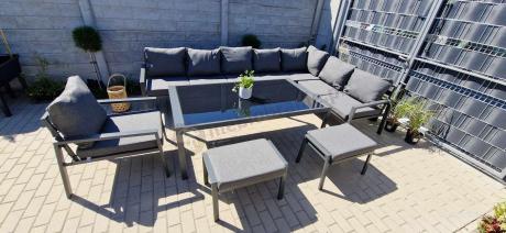 Grafitowy narożnik ogrodowy modułowy ze stołem obiadowym i fotelem Sodor Corner XXL - Dark Grey