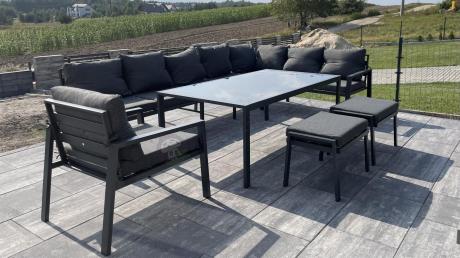 Grafitowy narożnik ogrodowy modułowy ze stołem obiadowym i fotelem Sodor Corner XXL - Dark Grey