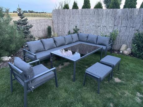 Grafitowy narożnik ogrodowy modułowy ze stołem obiadowym i fotelem Sodor Corner XXL - Dark Grey