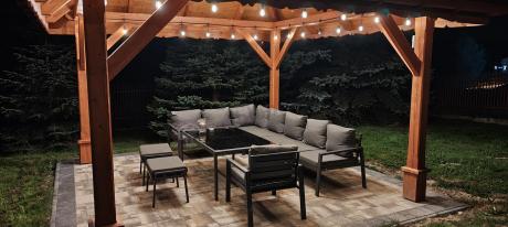 Grafitowy narożnik ogrodowy modułowy ze stołem obiadowym i fotelem Sodor Corner XXL - Dark Grey