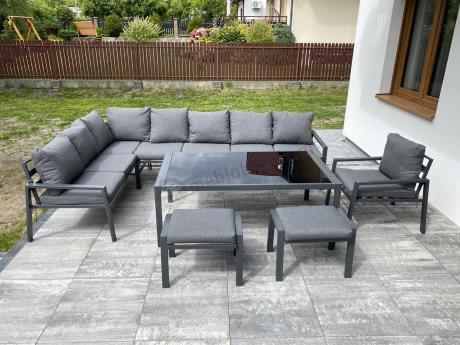 Grafitowy narożnik ogrodowy modułowy ze stołem obiadowym i fotelem Sodor Corner XXL - Dark Grey