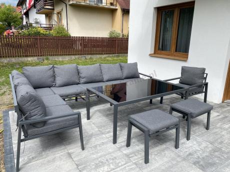 Grafitowy narożnik ogrodowy modułowy ze stołem obiadowym i fotelem Sodor Corner XXL - Dark Grey