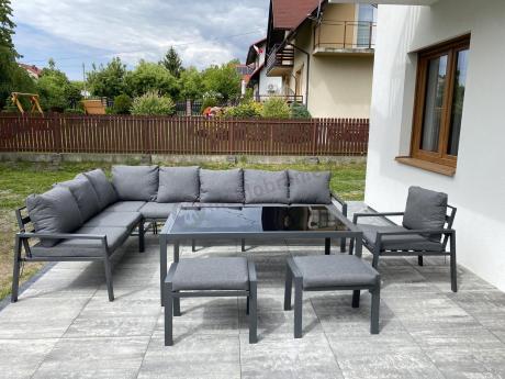 Grafitowy narożnik ogrodowy modułowy ze stołem obiadowym i fotelem Sodor Corner XXL - Dark Grey