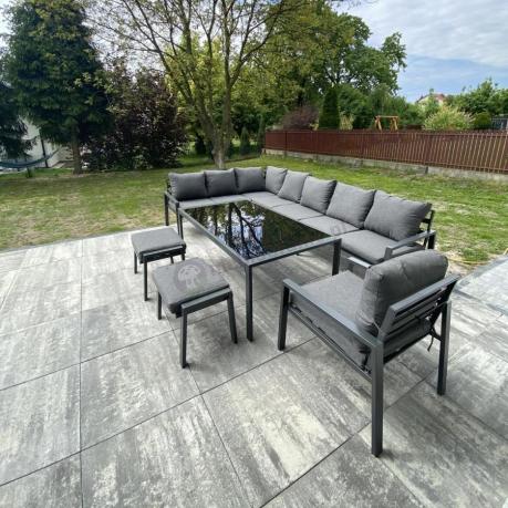 Grafitowy narożnik ogrodowy modułowy ze stołem obiadowym i fotelem Sodor Corner XXL - Dark Grey
