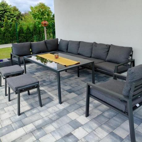 Grafitowy narożnik ogrodowy modułowy ze stołem obiadowym i fotelem Sodor Corner XXL - Dark Grey