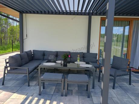 Grafitowy narożnik ogrodowy modułowy ze stołem obiadowym i fotelem Sodor Corner XXL - Dark Grey