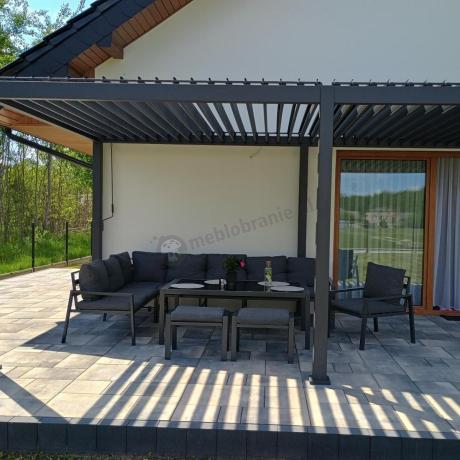 Grafitowy narożnik ogrodowy modułowy ze stołem obiadowym i fotelem Sodor Corner XXL - Dark Grey