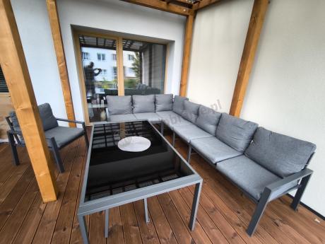Grafitowy narożnik ogrodowy modułowy ze stołem obiadowym i fotelem Sodor Corner XXL - Dark Grey
