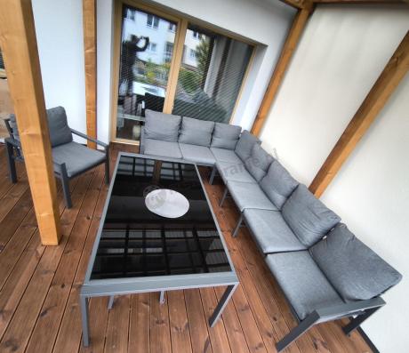 Grafitowy narożnik ogrodowy modułowy ze stołem obiadowym i fotelem Sodor Corner XXL - Dark Grey