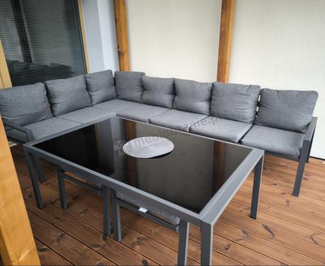 Grafitowy narożnik ogrodowy modułowy ze stołem obiadowym i fotelem Sodor Corner XXL - Dark Grey