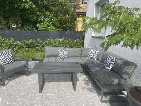 Grafitowy narożnik ogrodowy z fotelem i stolikiem 110cm Panaon Corner 220x220 - DG