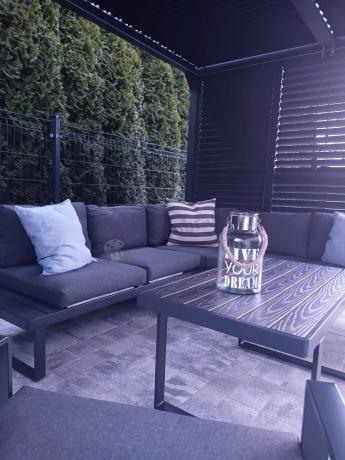 Grafitowy narożnik ogrodowy z fotelem i stolikiem 110cm Panaon Corner 220x220 - DG