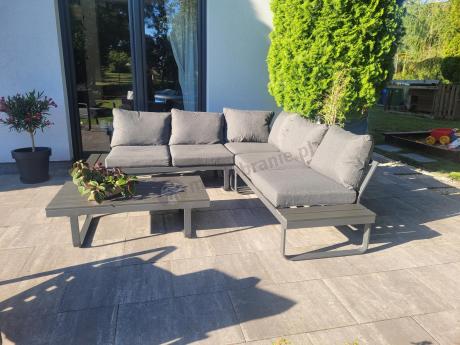 Grafitowy narożnik ogrodowy z fotelem i stolikiem 110cm Panaon Corner 220x220 - DG