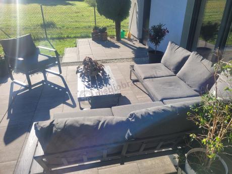 Grafitowy narożnik ogrodowy z fotelem i stolikiem 110cm Panaon Corner 220x220 - DG