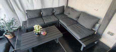 Grafitowy narożnik ogrodowy z fotelem i stolikiem 110cm Panaon Corner 220x220 - DG