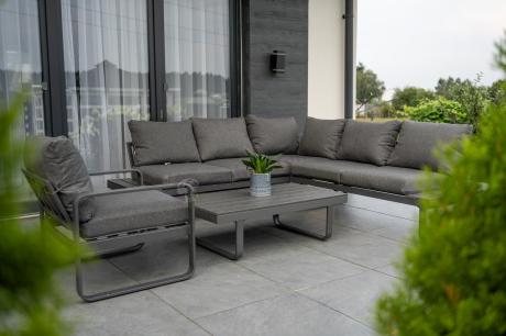 Grafitowy narożnik ogrodowy z fotelem i stolikiem 110cm Panaon Corner 220x220 - DG
