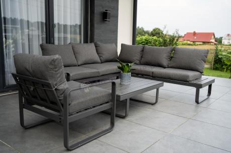 Grafitowy narożnik ogrodowy z fotelem i stolikiem 110cm Panaon Corner 220x220 - DG