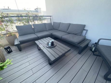 Grafitowy narożnik ogrodowy z fotelem i stolikiem 110cm Panaon Corner 220x220 - DG