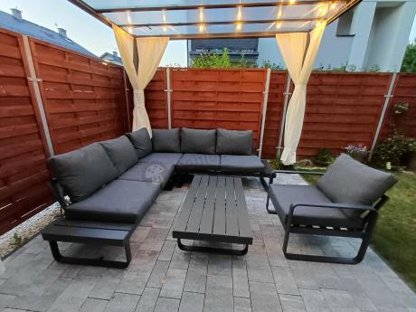 Grafitowy narożnik ogrodowy z fotelem i stolikiem 110cm Panaon Corner 220x220 - DG