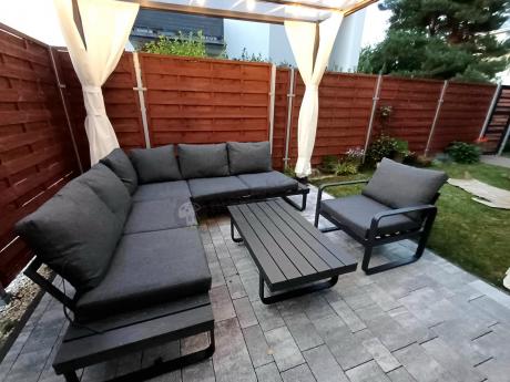 Grafitowy narożnik ogrodowy z fotelem i stolikiem 110cm Panaon Corner 220x220 - DG