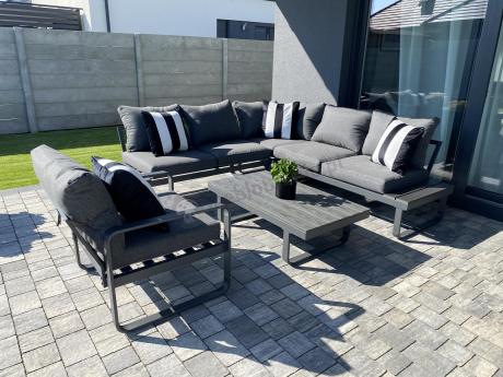 Grafitowy narożnik ogrodowy z fotelem i stolikiem 110cm Panaon Corner 220x220 - DG