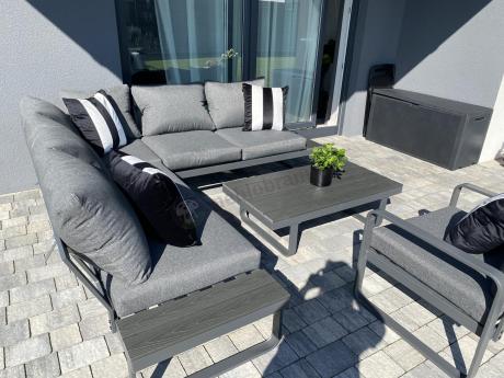 Grafitowy narożnik ogrodowy z fotelem i stolikiem 110cm Panaon Corner 220x220 - DG